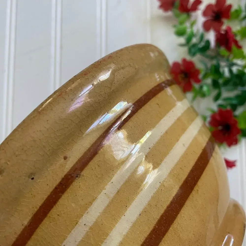 Antique 1930s Yellowware Stoneware Nesting Mixing Bowl White Brown Stripe Set x4